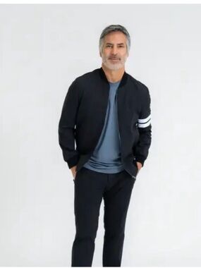 Sene Men's Black Bomber Jacket with White Sleeve Stripes size large. High end